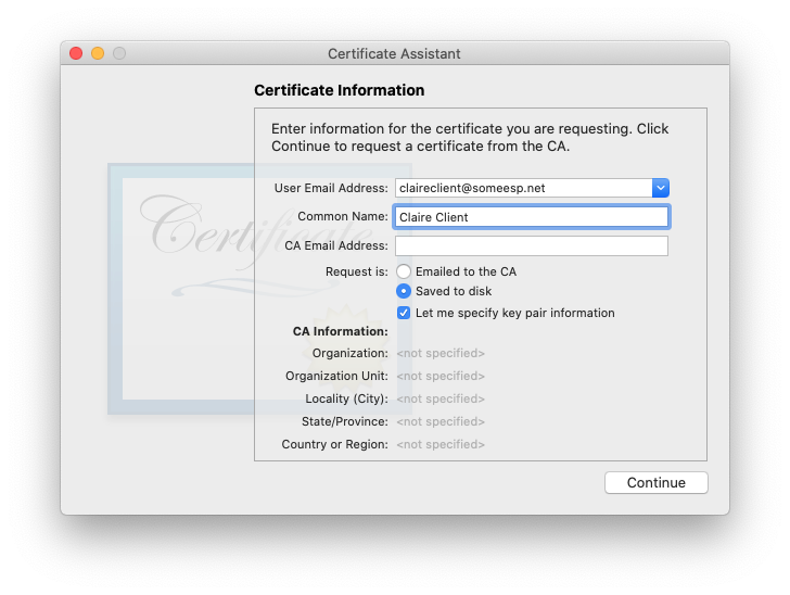 Let me specify key pair information checkbox in the Certificate Information window