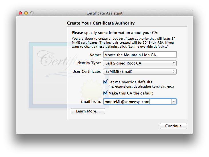 Name of CA, Identity Type: Self Signed Root CA, User Certificate: S/MIME (Email), Make this CA the default is checked