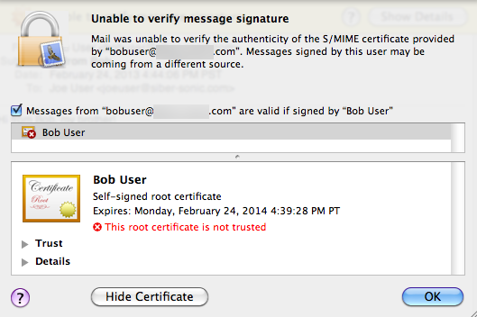 Certificate details and handy checkbox item appear.