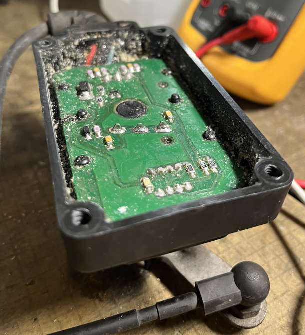 Circuit board side view of sensor with potting compound removed