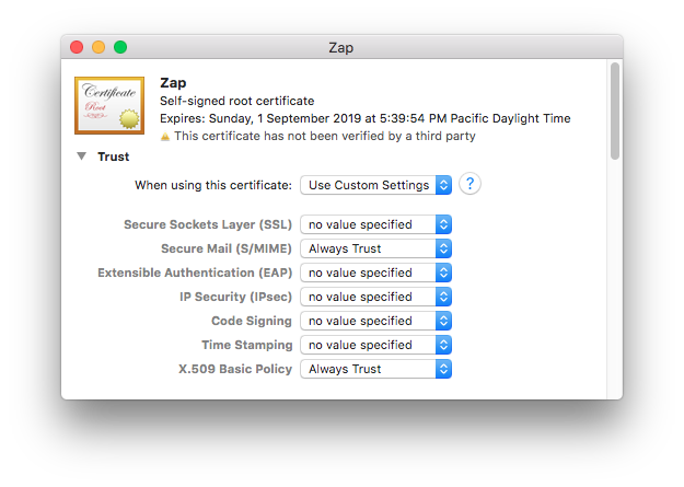 “When using this certificate:” now shows “Use Custom Settings”.