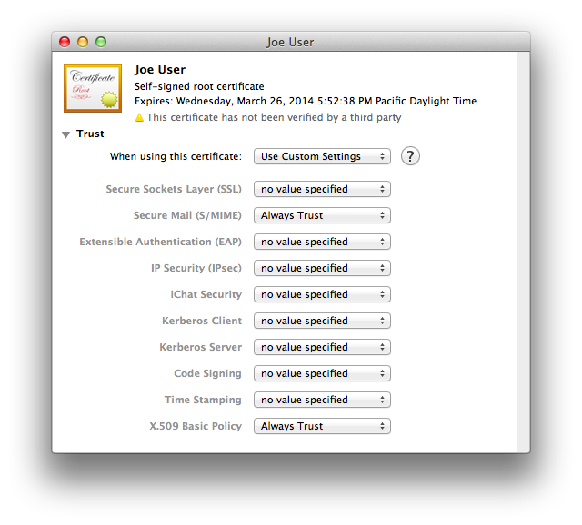 “When using this certificate:” now shows “Use Custom Settings”.