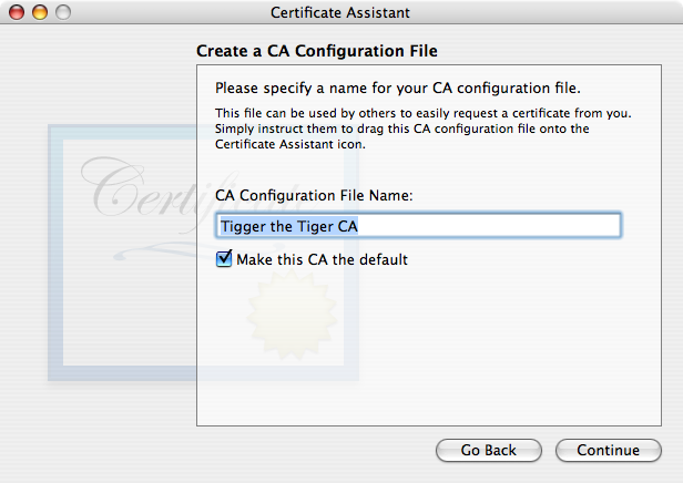 “Make this CA the default” checkbox is in this window on Tiger.