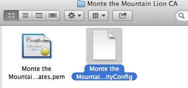 Finder icon view in newer OSes like Mountain Lion shows a certificate icon for the CA certificate. Older OSes show a blank generic icon. The configuration file always has a blank generic icon.
