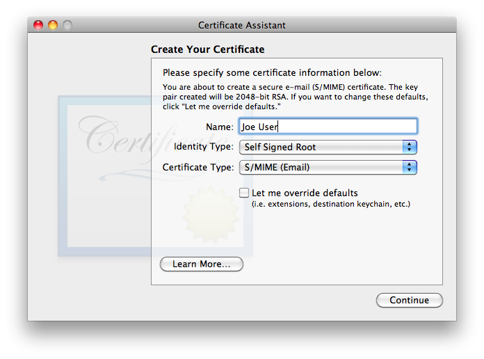 This window allows you to name the certificate and lists the default parameters which will be used to create the certificate.