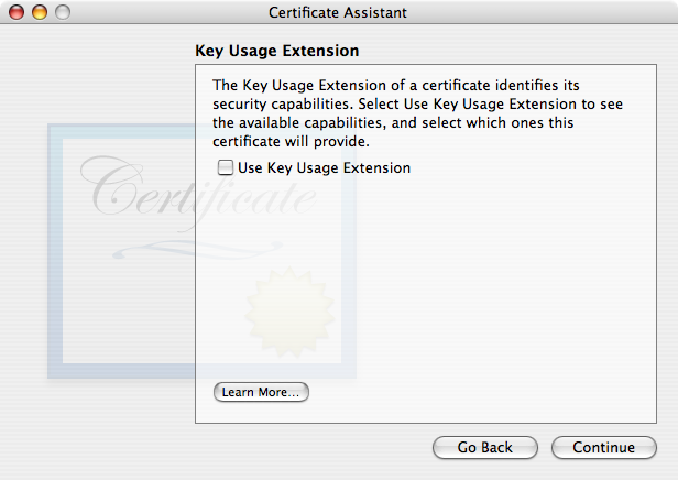 Use Key Usage Extension box is unchecked.