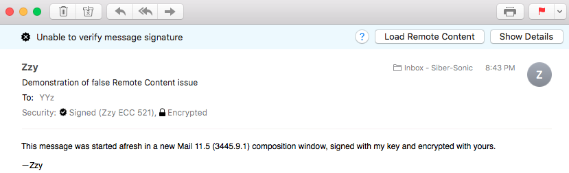 “Unable to verify message signature” with spurious Load Remote Content button