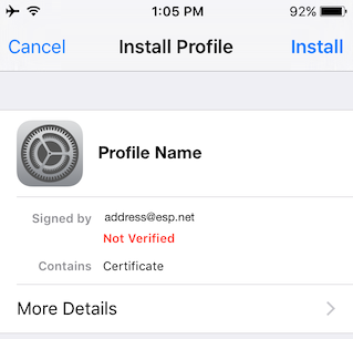 screen title: Install Profile, with Install option in upper right