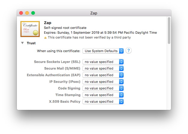 “This root certificate is not trusted”, all pop-ups at defaults.