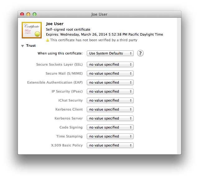 “This root certificate is not trusted”, all pop-ups at defaults.