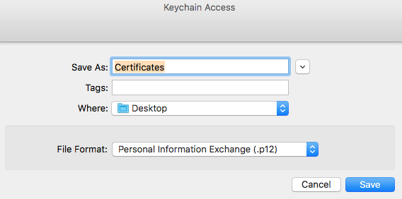 standard Save As… dialog, showing the Personal Information Exchange (.p12) file format selection