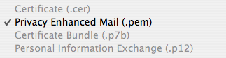 Privacy Enhanced Mail (.pem) is the only option which can be selected.