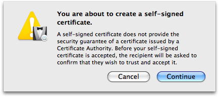 Warning that a self-signed certificate needs to be explicitly computer-trusted by recipients.