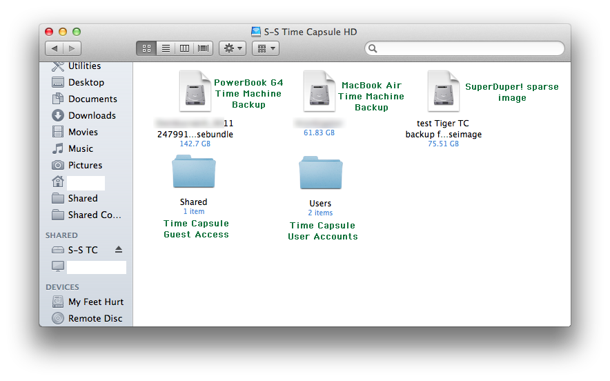 Two sparse bundle files for each of our Macs using Time Machine for backup, plus a sparse image file from testing SuperDuper! backups from an OS 10.4 Tiger Mac to our TC. Two folders: Shared, for Guest access, and Users, containing a separate folder for each TC account holder.