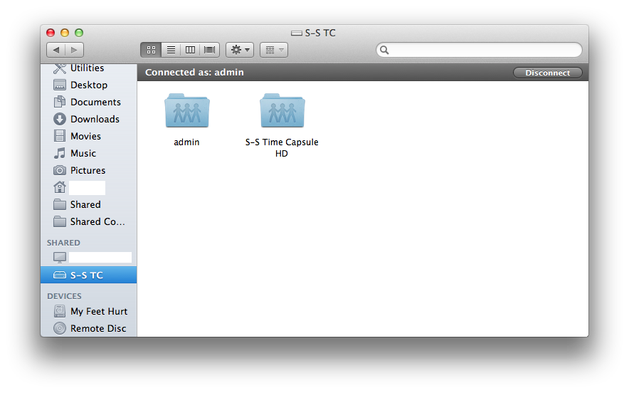 Shared Network volume, connected as user “admin”, showing two folders: admin and S-S Time Capsule HD.