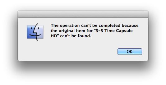 The operation can’t be completed because the original item for “S-S Time Capsule HD” can’t be found.