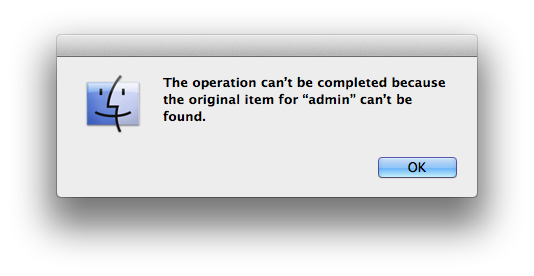 The operation can’t be completed because the original item for “admin” can’t be found.