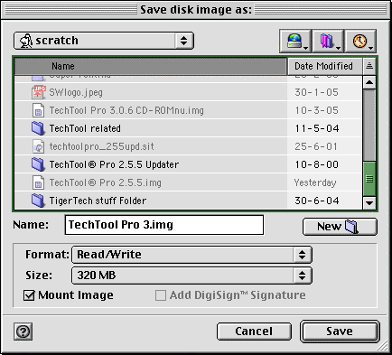 Read/Write image format selected and 320 MB image size selected in DiskCopy dialog