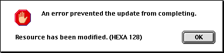 Failure message discussing the HEXA 128 resource.