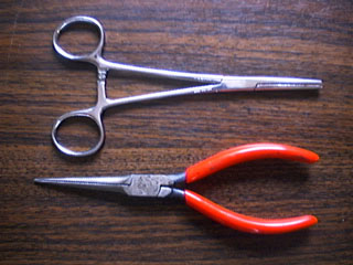Needle-nose pliers and straight-tip hemostats